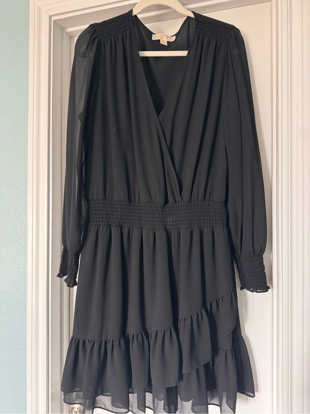 Michael Kors Black Long-Sleeve Smocked-Waist Ruffle Dress